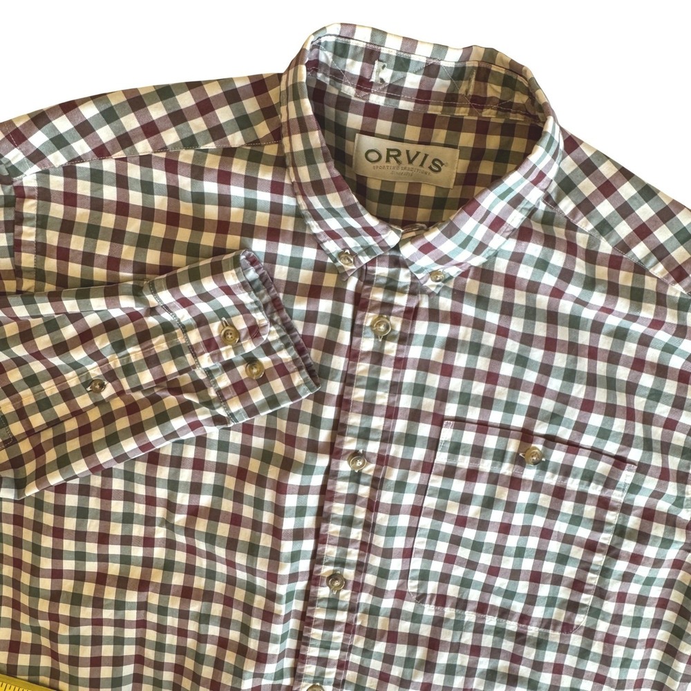 Orvis Men Large Gingham Check Long Sleeve Button Down Shirt Burgundy Green White
